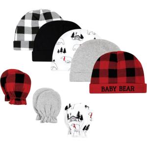 imageHudson Baby Unisex Baby Cotton Cap and Scratch Mitten SetBuffalo Plaid Bear