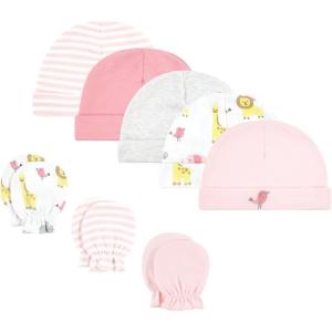 imageHudson Baby Unisex Baby Cotton Cap and Scratch Mitten SetGirl Yellow Safari