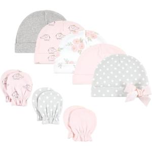 imageHudson Baby Unisex Baby Cotton Cap and Scratch Mitten SetPink Gray Elephant