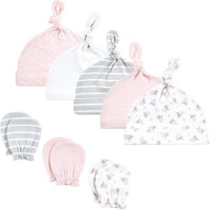 imageHudson Baby Unisex Baby Cotton Cap and Scratch Mitten SetPink Gray Floral