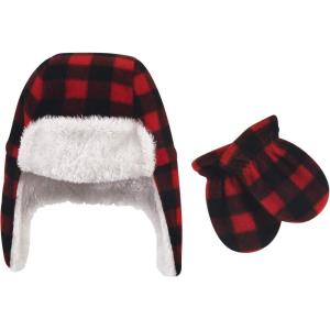 imageHudson Baby Unisex Baby Fleece Trapper Hat and Mitten SetBlack Red Plaid Toddler