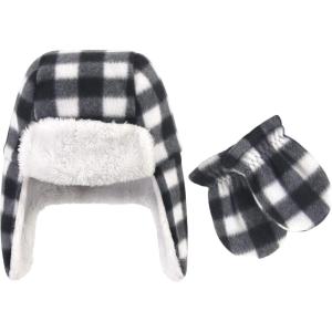 imageHudson Baby Unisex Baby Fleece Trapper Hat and Mitten SetBlack White Plaid Toddler