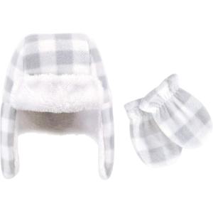imageHudson Baby Unisex Baby Fleece Trapper Hat and Mitten SetGray White Plaid Baby