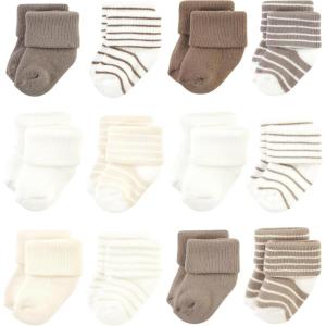 imageHudson Baby Baby Girls Cotton Rich Newborn and Terry SocksBeige Stripe 12 Pack