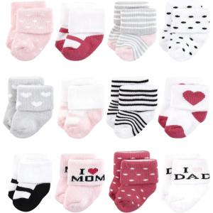 imageHudson Baby Baby Girls Cotton Rich Newborn and Terry SocksMom and Dad Girl Pink Black 12pack