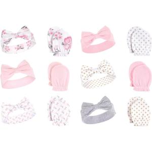 imageHudson Baby Girls 12Pc Cotton Headband and Scratch Mitten Set Lady Bug Xoxo 06 MonthsPink Floral Dots