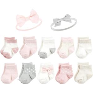 imageHudson Baby Unisex Baby Girls sock and headbandBasic Pink Gray