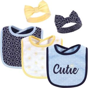 imageHudson Baby Unisex BabyCotton Bib and Headband or Caps SetBlue Daisy