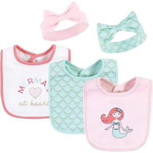 imageHudson Baby Unisex BabyCotton Bib and Headband or Caps SetCoral Mint Mermaid