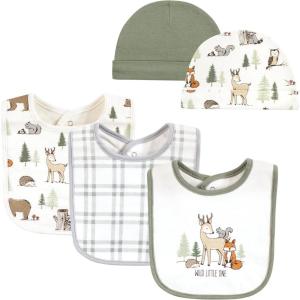 imageHudson Baby Unisex BabyCotton Bib and Headband or Caps SetForest Animals
