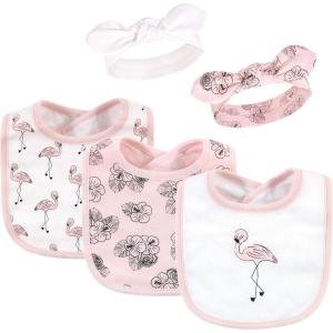 imageHudson Baby Unisex BabyCotton Bib and Headband or Caps SetPainted Flamingo