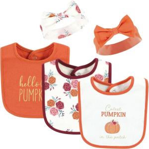 imageHudson Baby Unisex BabyCotton Bib and Headband or Caps SetPink Cutest Pumpkin