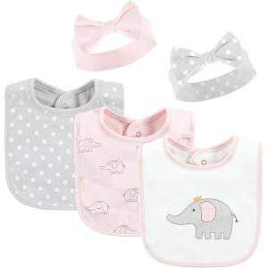 imageHudson Baby Unisex BabyCotton Bib and Headband or Caps SetPink Gray Elephant