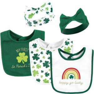 imageHudson Baby Unisex BabyCotton Bib and Headband or Caps SetSt Patricks Rainbow