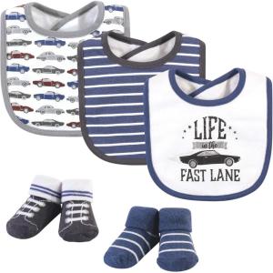 imageHudson Baby Unisex BabyCotton Bib and Sock SetVintage Cars