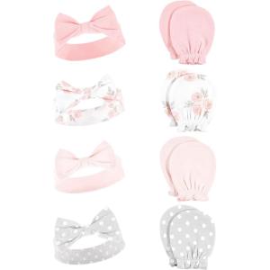 imageHudson Baby Baby Girls Cotton Headband and Scratch Mitten SetPink Gray Floral 8piece