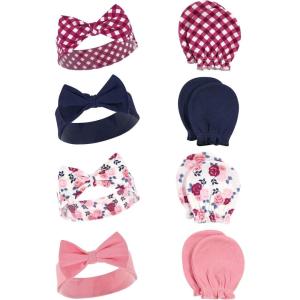 imageHudson Baby Baby Girls Cotton Headband and Scratch Mitten SetPink Navy Floral