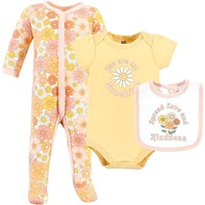 imageHudson Baby Unisex Baby Cotton Sleep and Play Bodysuit and Bandana Bib SetPeace Love Flowers
