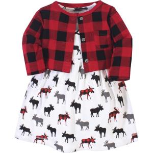 imageHudson Baby Baby Girls Cotton Dress and Cardigan SetBuffalo Plaid Moose