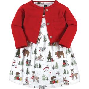 imageHudson Baby Baby Girls Cotton Dress and Cardigan SetRed Winter Forest