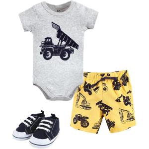 imageHudson Baby Unisex Baby Cotton Bodysuit Shorts and Shoe SetConstruction Trucks