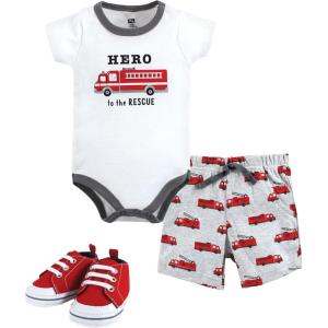 imageHudson Baby Unisex Baby Cotton Bodysuit Shorts and Shoe SetFiretruck Hero