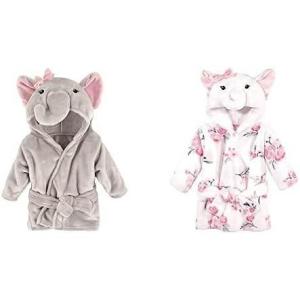imageHudson Baby Girl Plush Animal Face Bathrobe 2Pack Blue Whimsical Unicorn MermaidPretty Elephant White Elephant