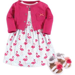 imageHudson Baby babygirls Cotton Dress Cardigan and Shoe SetBright Flamingo