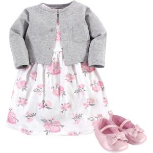 imageHudson Baby babygirls Cotton Dress Cardigan and Shoe SetPink Gray Floral