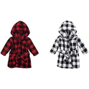 imageHudson Baby Boy Plush Animal Face Bathrobe 2Pack Fox ChickenRed Black Plaid Black Plaid