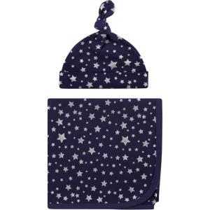 imageHudson Baby Unisex Baby Swaddle Blanket and Cap or Headband Silver Navy Stars One SizeSilver Navy Stars