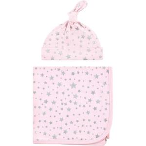 imageHudson Baby Unisex Baby Swaddle Blanket and Cap or Headband Silver Navy Stars One SizeSilver Pink Star