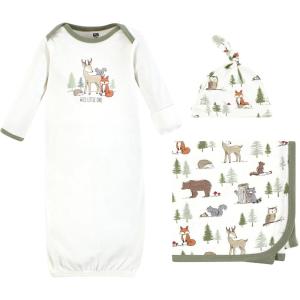 imageHudson Baby Unisex Baby Gown Swaddle Blanket and Cap or Headband 06 MonthsForest Animals