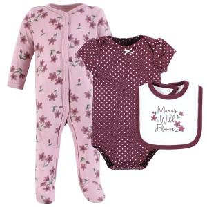 imageHudson Baby Infant Girl Cotton Sleep and Play Bodysuit and Bandana Bib Set Plum Wildflower 03 MonthsPlum Wildflower