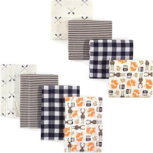 imageHudson Baby Unisex Baby Cotton Flannel Burp Cloths and Receiving Blankets 8Piece Mustache Hat One SizeForest