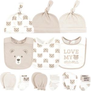 imageHudson Baby Caps or Headbands Bibs Mittens and Socks 12pc Set Taupe Bear 06 Months