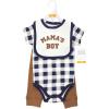 imageHudson Baby Unisex Baby Cotton Bodysuit Pant and Bib SetBrown Navy Mamas Boy