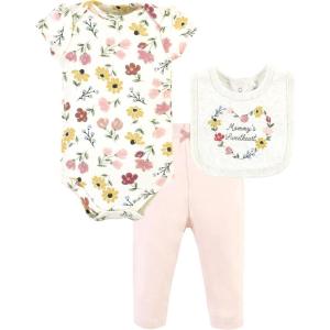 imageHudson Baby Unisex Baby Cotton Bodysuit Pant and Bib SetSoft Painted Floral