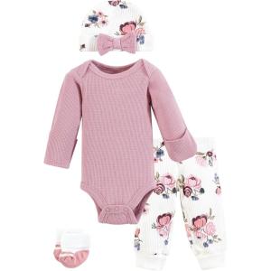 imageHudson Baby Unisex Thermal Preemie Layette Set 4pc Long Sleeve OutfitDusty Rose Floral