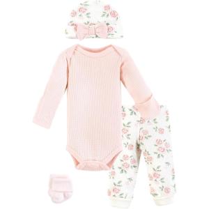 imageHudson Baby Unisex Thermal Preemie Layette Set 4pc Long Sleeve OutfitSoft Pink Sage Rose