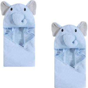 imageHudson Baby Unisex Baby Cotton Animal Face Hooded Towel Bundle Set Sailor Bear Pelican One SizeLight Blue Elephant 2piece