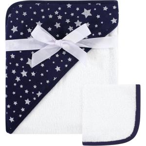 imageHudson Baby Unisex Baby Cotton Hooded Towel and Washcloth Blue Elephant One SizeNavy Silver Star