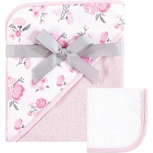 imageHudson Baby Unisex Baby Cotton Hooded Towel and Washcloth Blue Elephant One SizePink Floral