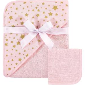 imageHudson Baby Unisex Baby Cotton Hooded Towel and Washcloth Blue Elephant One SizePink Gold Star