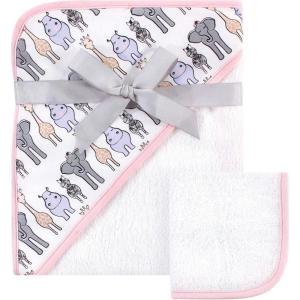 imageHudson Baby Unisex Baby Cotton Hooded Towel and Washcloth Blue Elephant One SizePink Safari