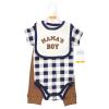 imageHudson Baby Unisex Baby Cotton Bodysuit Pant and Bib Set Peace Love Flowers NewbornBrown Navy Mamas Boy