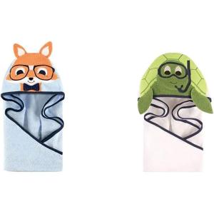 imageHudson Baby Boy Cotton Animal Face Hooded Towel 2Pack Mr Owl LionNerdy Fox Scuba Turtle