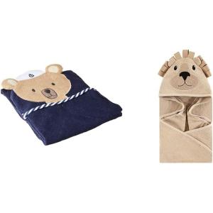 imageHudson Baby Boy Cotton Animal Face Hooded Towel 2Pack Mr Owl LionSailor Bear Lion