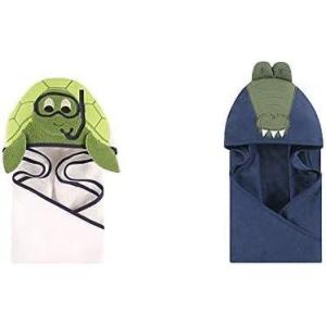 imageHudson Baby Boy Cotton Animal Face Hooded Towel 2Pack Mr Owl LionScuba Turtle Alligator