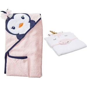 imageHudson Baby Girl Cotton Animal Face Hooded Towel 2Pack Pretty Elephant Modern UnicornMiss Penguin Modern Unicorn